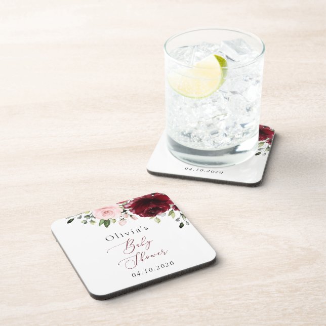 Burgundy Flowers, Pink Flowers, Boho, Baby Shower Coaster (Right Side)
