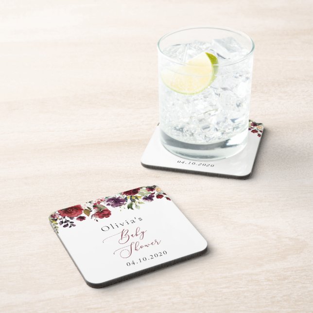 Burgundy Flowers, Pink Flowers, Boho, Baby Shower Coaster (Right Side)