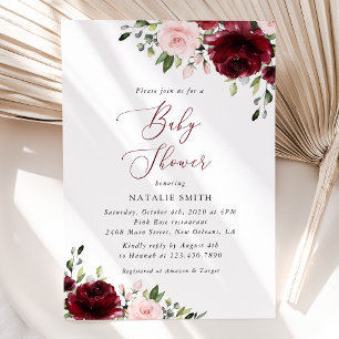 Burgundy Flowers, Pink Flowers, Boho, Baby Shower Invitation