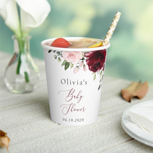 Burgundy Flowers, Pink Flowers, Boho, Baby Shower Paper Cups (Insitu)