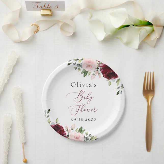 Burgundy Flowers, Pink Flowers, Boho, Baby Shower Paper Plate (Wedding)