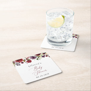 Burgundy Flowers, Pink Flowers, Boho, Baby Shower Square Paper Coaster