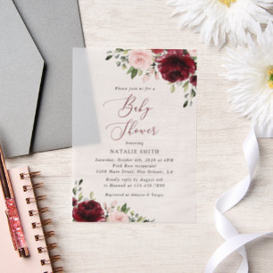 Burgundy Flowers, Pink Flowers, Boho, Baby Shower Vellum Invitations