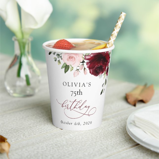 Burgundy Flowers, Pink Flowers, Boho, Birthday Paper Cups (Insitu)