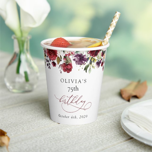 Burgundy Flowers, Pink Flowers, Boho, Birthday Paper Cups (Insitu)
