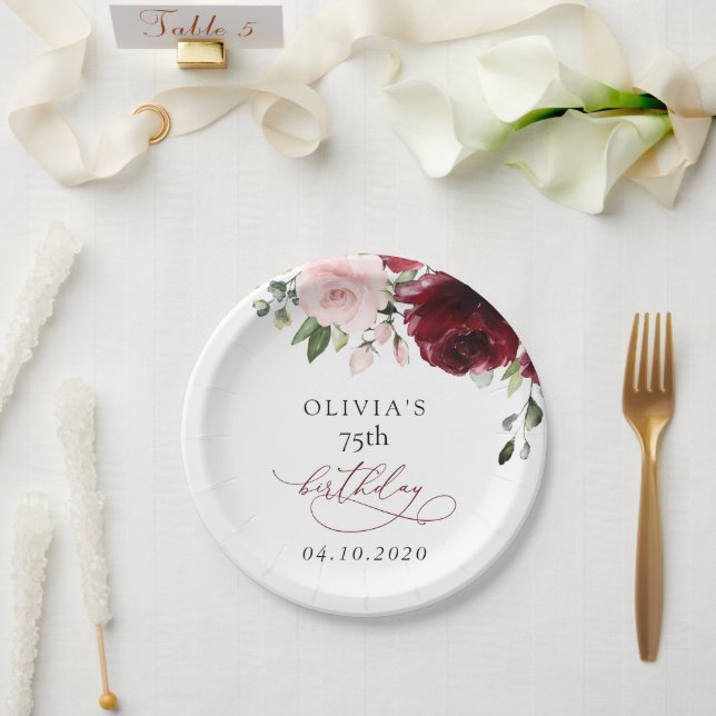 Burgundy Flowers, Pink Flowers, Boho, Birthday Paper Plate (Wedding)