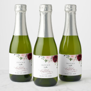 Burgundy Flowers, Pink Flowers, Boho, Birthday Sparkling Wine Label