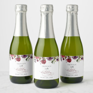 Burgundy Flowers, Pink Flowers, Boho, Birthday Sparkling Wine Label