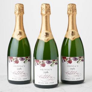 Burgundy Flowers, Pink Flowers, Boho, Birthday Sparkling Wine Label