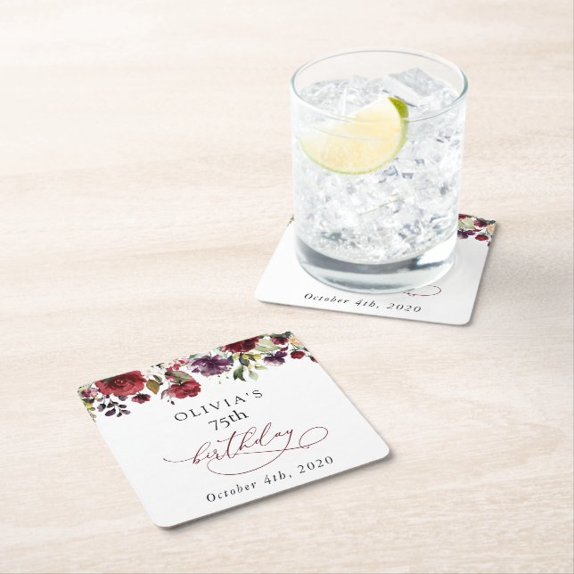 Burgundy Flowers, Pink Flowers, Boho, Birthday Square Paper Coaster (Insitu)