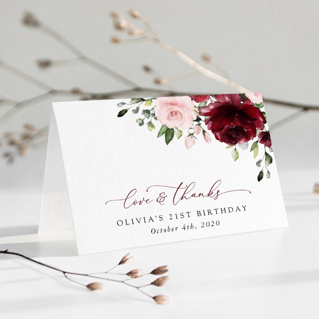 Burgundy Flowers, Pink Flowers, Boho, Birthday Thank You Card (Creator Uploaded)