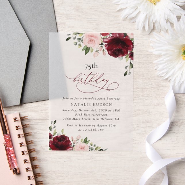 Burgundy Flowers, Pink Flowers, Boho, Birthday Vellum Invitations (Wedding)