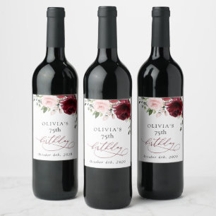 Burgundy Flowers, Pink Flowers, Boho, Birthday Wine Label