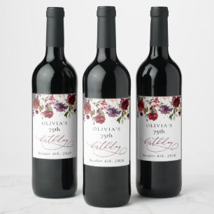 Burgundy Flowers, Pink Flowers, Boho, Birthday Wine Label