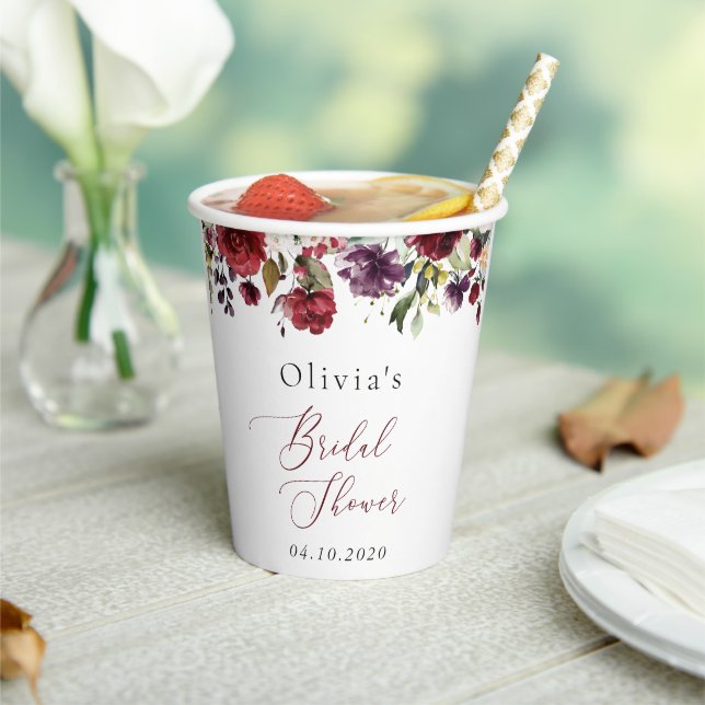 Burgundy Flowers, Pink Flowers, Boho Bridal Shower Paper Cups (Insitu)