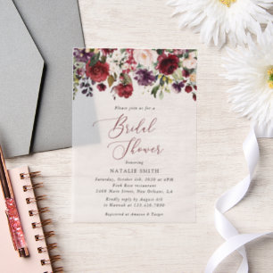 Burgundy Flowers, Pink Flowers, Boho Bridal Shower Vellum Invitations