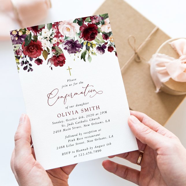 Burgundy Flowers, Pink Flowers, Boho, Confirmation Invitation (Creator Uploaded)