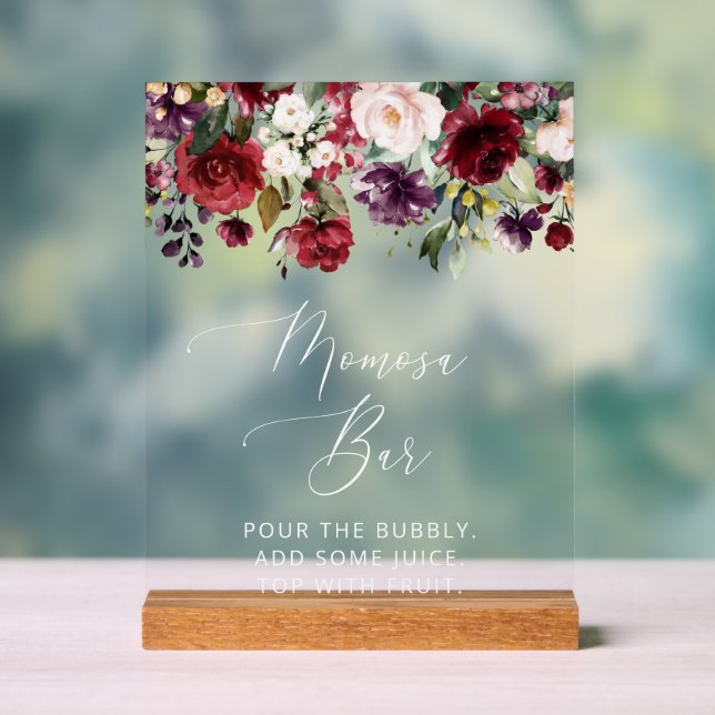 Burgundy Flowers, Pink Flowers, Boho, Momosa Bar Acrylic Sign (Neutral)