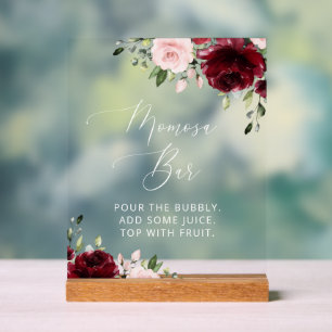 Burgundy Flowers, Pink Flowers, Boho, Momosa Bar Acrylic Sign