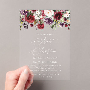 Burgundy Flowers, Pink Flowers, Boho, Sweet 16 Acrylic Invitations
