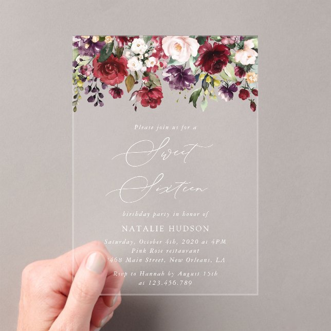 Burgundy Flowers, Pink Flowers, Boho, Sweet 16 Acrylic Invitations (Insitu (Handheld))