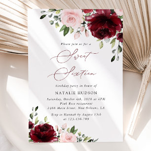 Burgundy Flowers, Pink Flowers, Boho, Sweet 16 Invitation