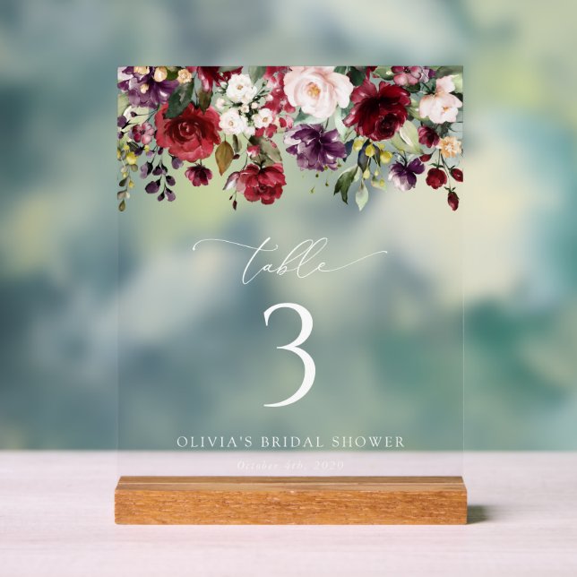Burgundy Flowers, Pink Flowers, Boho Table Numbers Acrylic Sign (Neutral)