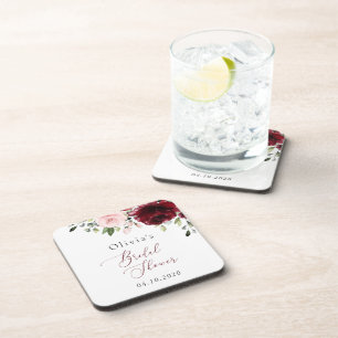 Burgundy Flowers, Pink Flowers, Bridal Shower Coaster