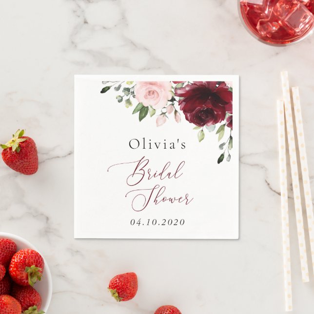 Burgundy Flowers, Pink Flowers, Bridal Shower Napkin (Insitu)