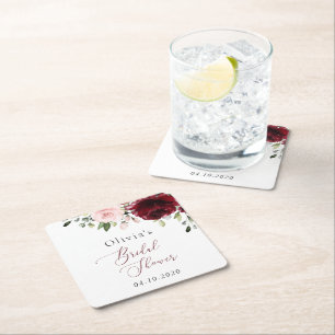 Burgundy Flowers, Pink Flowers, Bridal Shower Square Paper Coaster