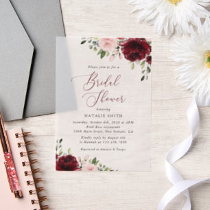 Burgundy Flowers, Pink Flowers, Bridal Shower  Vellum Invitations