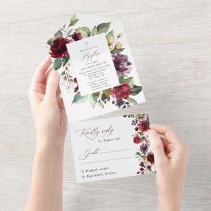 Burgundy Flowers, Pink Flowers, Floral Baptism All In One Invitation