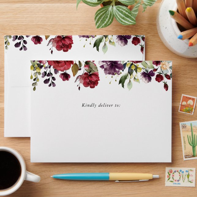 Burgundy Flowers, Pink Flowers, Floral Baptism Envelope (Desk)