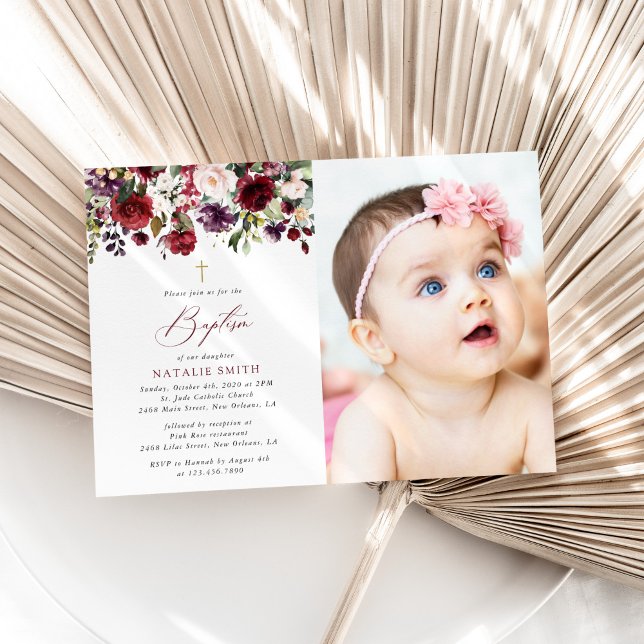 Burgundy Flowers, Pink Flowers, Floral Baptism Invitation (Creator Uploaded)