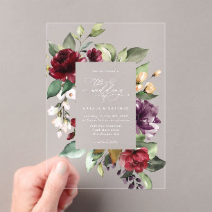 Burgundy Flowers, Pink Flowers, Greenery, Wedding Acrylic Invitations