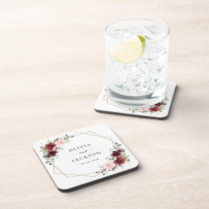 Burgundy Flowers, Pink Flowers, Greenery, Wedding Coaster