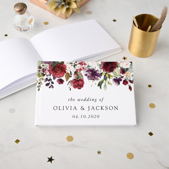 Burgundy Flowers, Pink Flowers, Greenery, Wedding Guest Book (Front Open)