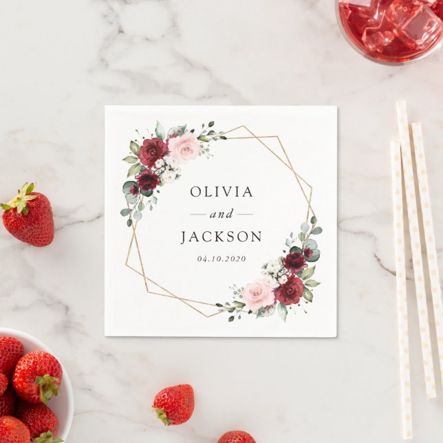 Burgundy Flowers, Pink Flowers, Greenery, Wedding Napkin (Insitu)