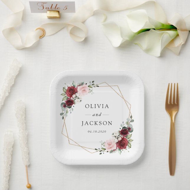 Burgundy Flowers, Pink Flowers, Greenery, Wedding Paper Plate (Wedding)