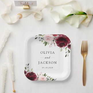 Burgundy Flowers, Pink Flowers, Greenery, Wedding Paper Plate