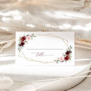 Burgundy Flowers, Pink Flowers, Greenery, Wedding Place Card