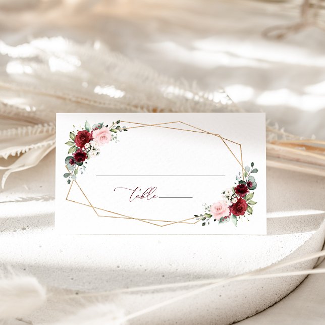 Burgundy Flowers, Pink Flowers, Greenery, Wedding Place Card (Creator Uploaded)