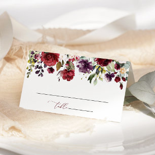 Burgundy Flowers, Pink Flowers, Greenery, Wedding Place Card
