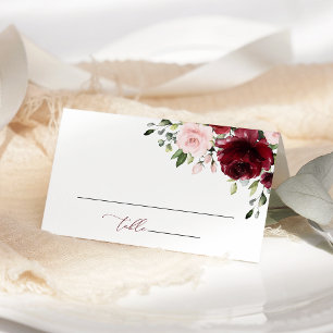Burgundy Flowers, Pink Flowers, Greenery, Wedding Place Card