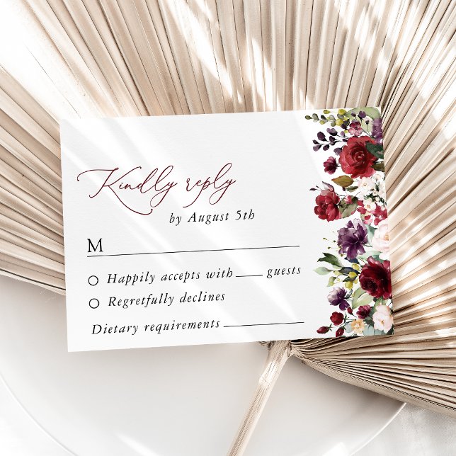 Burgundy Flowers, Pink Flowers, Greenery, Wedding RSVP Card (Creator Uploaded)