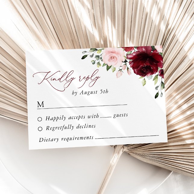 Burgundy Flowers, Pink Flowers, Greenery, Wedding RSVP Card (Creator Uploaded)
