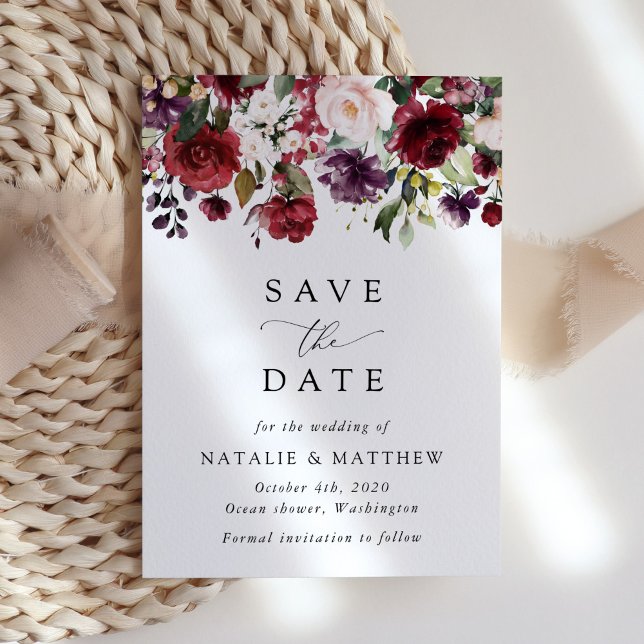 Burgundy Flowers, Pink Flowers, Greenery, Wedding Save The Date (Creator Uploaded)