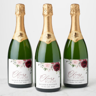 Burgundy Flowers, Pink Flowers, Greenery, Wedding Sparkling Wine Label
