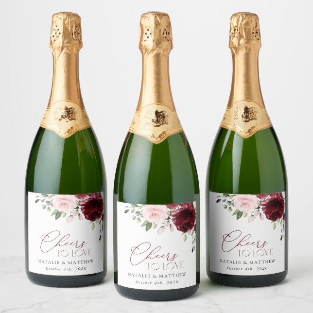 Burgundy Flowers, Pink Flowers, Greenery, Wedding Sparkling Wine Label (Bottles)