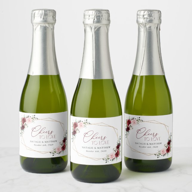 Burgundy Flowers, Pink Flowers, Greenery, Wedding Sparkling Wine Label (Bottles)